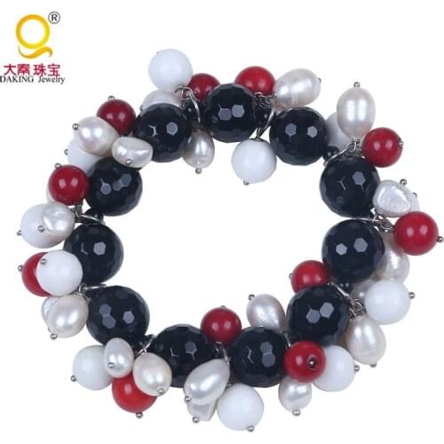 100% real cultured freshwater pearl & semi-precious stone stretch bracelet faceted stone beads bracelet