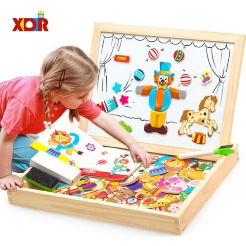 100+PCS Wooden Magnetic Puzzle Figure/Animals/ Vehicle /Circus Drawing Board 5 styles Box Educational Toy Gift