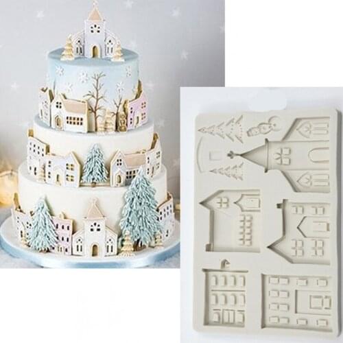3D Christmas House Silicone Mold Fondant Cake Decorating Tools Chocolate Plaster Sugarcraft Baking Mould F1CC