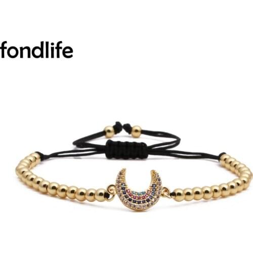 Shiny AAA Cubic Zirconia Stones Cute Moon Charm Bracelet Women Men Trendy 4mm Copper Beads Black Cord Macrame Jewelry Present