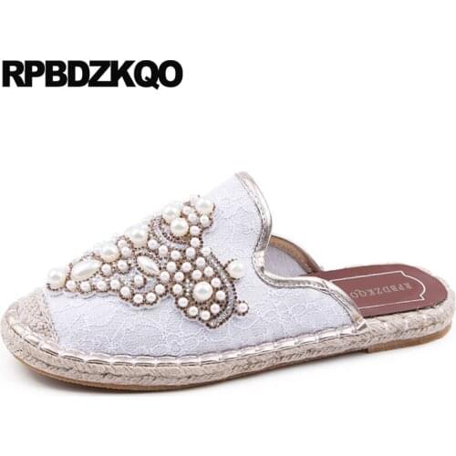 Diamond mesh black espadrilles crystal flats white rope hemp lace rhinestone wedding women dress shoes slippers mules pearl