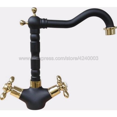 Black Ol Rubbed Bronze & Gold Brass Basin Faucets Double Handles Bathroom Sink Swivel Mixer Tap Hot and Cold Water faucet Knf808