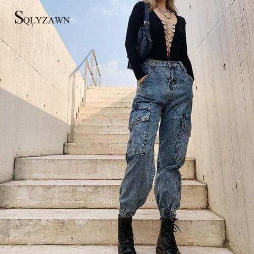 High Waist Pockets Patchwork Jeans Women Streetwear Loose Harem Trousers Ankle-length Denim Pants Femme Casual Blue Cargo Pants