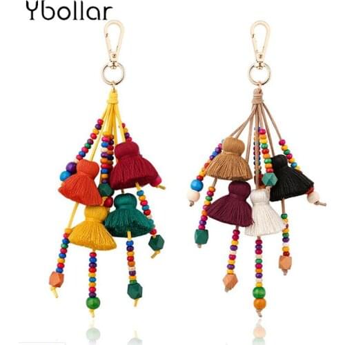 Cotton Tassel Keychain Keyring Bag Charms Pendant Jewelry Big Key Holder Handmade Wooden Beads Drop Vintage Fashion Accessories