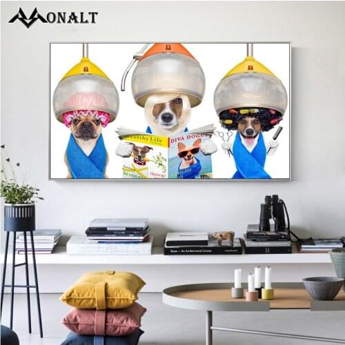 Fun Art Animal Poster 3 Dogs Reading Newspaper and Perming Hair Canvas Print Barbershop or Childrens Room Decorative Paintings