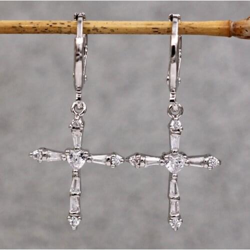 Classic Trendy Copper Plated Cross Dangle Drop Earrings White HeartStone For Women Girls Fashion Jewelry Accessories Wedding