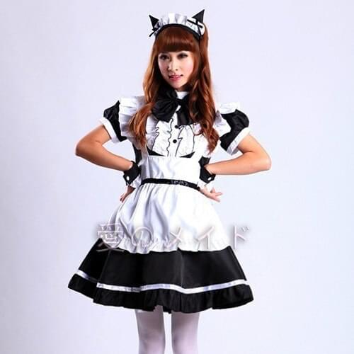 Japanese Anime Style Neko Maid Cosplay Cat Lolita Dress Outfit Suit Women Puff Sleeve Dresses Costume Suit Black and White Apron