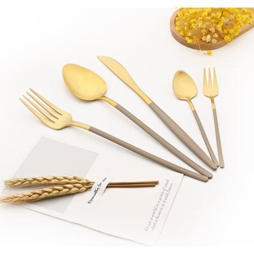 Cutlery Set Matte Polishing Dinnerware Forks Spoons Knives Cake Fork Set Brown Gold 18/10 Stainless Steel Dining Set Tableware