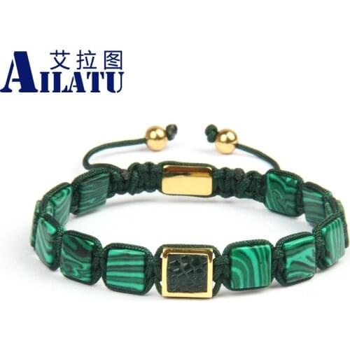 New Luxury Green Python Leather Bracelet Mens Jewelry Rope Chain Copper Jewelry Man Made Malachite Stone Beads Bangle