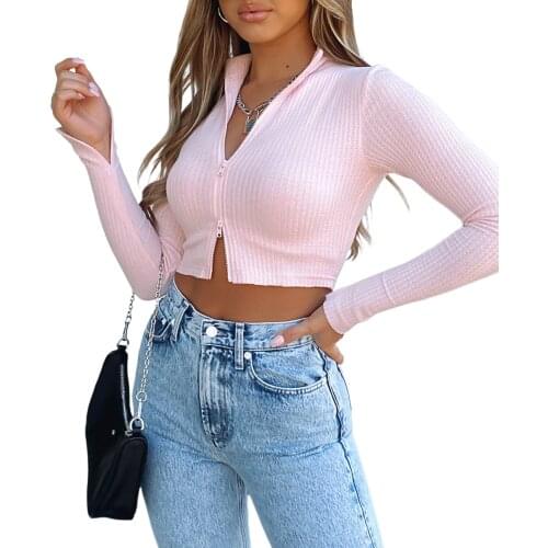 Sexy Women Autumn Polyester Zipper Coat Long Sleeve Lapel Neck Knitting Elastic Casual Party Street Short Tops