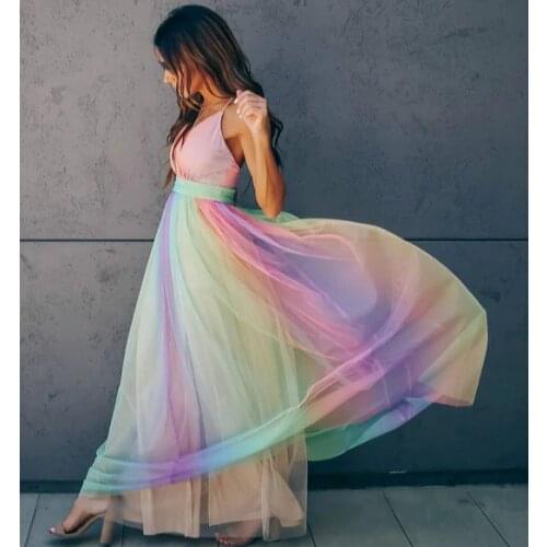 TEELYNN sexy deep v neck backless maxi women dresses vintage rainbow print chiffon sleeveless summer strap dress beach vestidos