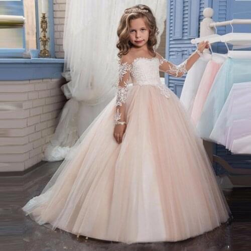 Long Sleeves Flower Girl Dresses For Weddings Ball Gown Tulle Appliques Beaded Bow Long First Communion Dresses For Little Girls