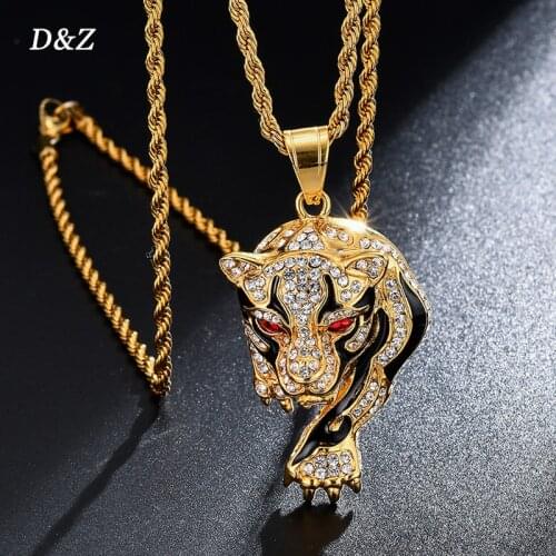 D&Z Stainless Steel Tiger Pendant In Gold Color Bling Rhinestones Pendant &Necklace Hip Hop Jewelry For Men Women Gift