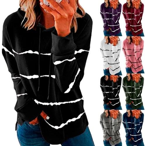 Casual Stripe Print Hoodies Blouse Drawsting Hooded Sweatshirt Women Long Sleeve Loose Pullover Plus Size Top Sudaderas De Mujer