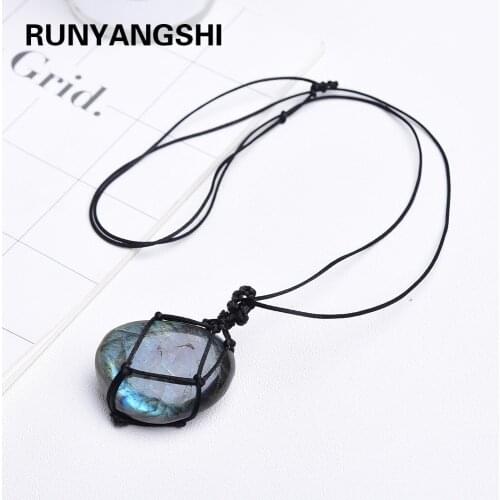 Runyangshi 1pc Natural crystal original stone pendant labrador feldspar Hand woven mesh Necklace Moonstone Gemstone ornament