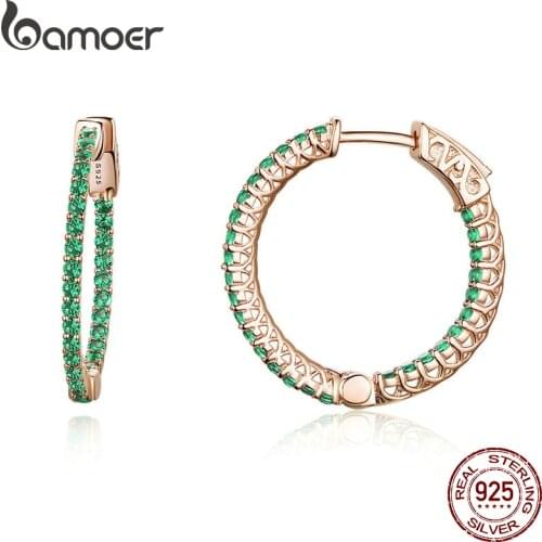 BAMOER Genuine 925 Sterling Silver Classic Round Circle Green CZ Stud Earrings for Women Wedding Engagement Jewelry SCE511