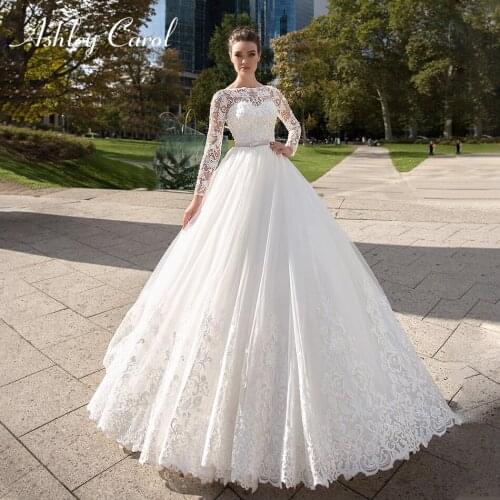 Ashley Carol A-Line Wedding Dress 2021 Charming Beading Lace Appliques Scoop Bride Long Sleeve Button Princess Bridal Gown