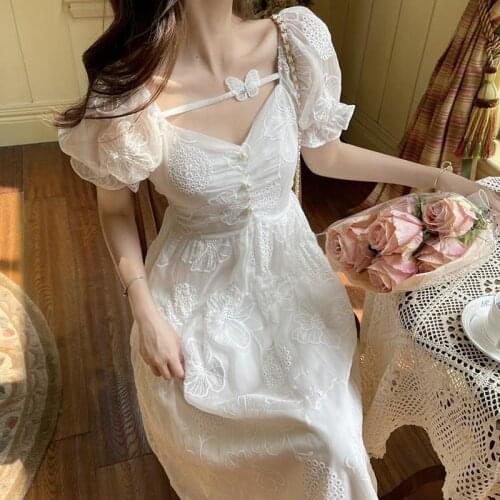 Summer Vintage White Dress Women Square Collar Design Butterfly Embroidery Midi Dress Female Sweet Puff Sleeve Slim Party Dress