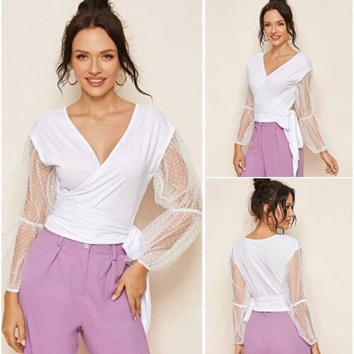 Lantern Sleeve Fashion Mesh Blouse Bodysuit Women Tops Mesh Sleeve Side Knot Wrap Top White