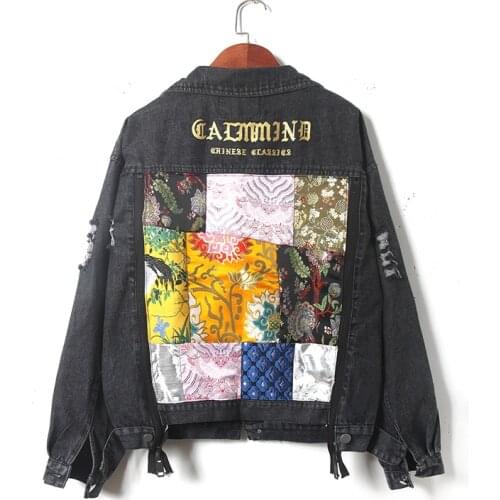 Heavy industry letter embroidery print patch splice hole denim jacket plus size women streetwear hip hop style Female jeans coat