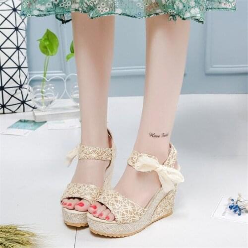 2019 Summer Fashion Women High Heel Wedge Platform Sandals Solid Color Leisure Female Bowknot Ankle Lace Strap