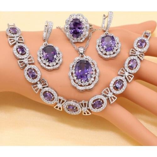 XUTAAYI Purple Crystal Sterling Silver Bridal Jewelry Sets For Women Necklace Pendant Bracelets Earrings Rings Gift Box