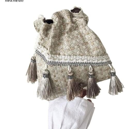 Women Tassel Crossbody Bags Drawstring Bucket Tote Shoulder Bags Casual Handbags Elegant Knitted Messenger Bags