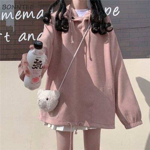 Hoodies Women Large Size 3XL Button Hooded Plus Velvet Thicken Drop-shoulder Pocket Sweet Preppy Style Students Chic Ulzzang New