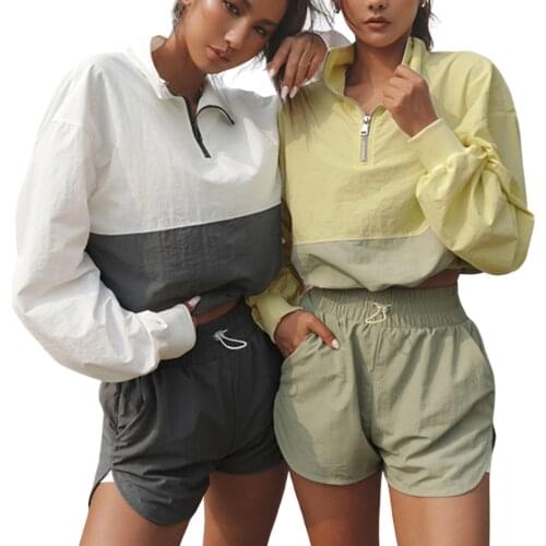 Womens 2 Piece Traf Tracksuit Set Long Sleeve 1/4 Zip Color Block Cropped Jacket + Shorts Set