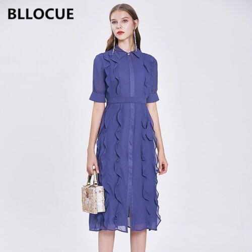 BLLOCUE 2020 Summer High Quality Chiffon Shirt Dress Women Single-Breasted Ruffles Runway Dress Elegant Belt Dress