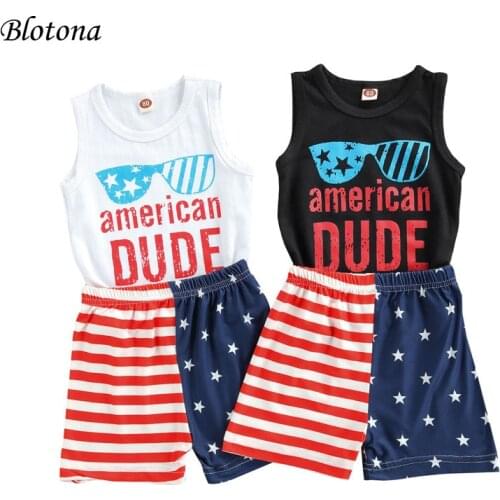 Blotona Little Boy Vest and Shorts Suit Independence Day Letter Printed Sleeveless Tops and Flag Short Pants 6Months-3Years
