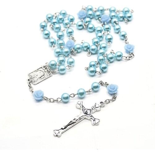 Religion Christian Simulated Pearl Rosary Necklace Virgin Mary Jesus Cross Pendants Long Beads Chains Church Confirmation Gifts