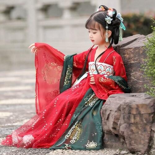 Kids Hanfu Little Girls' Summer Chinese Style Traditional Dresses Kids Fairy Ancient Costume Children Cosplay Folk Dance Wear