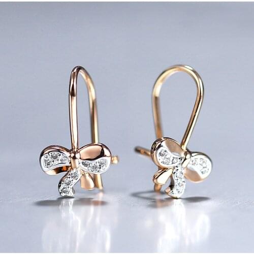 Dainty Cute Butterfly Box Tie Drop Stud Earrings for Girls Women Rhinestone CZ Paved 585 Rose Gold Earrings Jewelry Gift DGE347