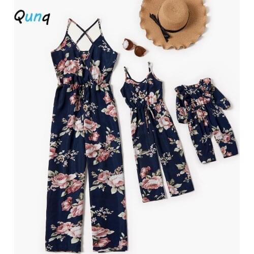 Qunq Mother Daughter Matching Romper 2021 New Summer Floral Women Girls Baby Jumpsuits Mommy and Me Family Clothing