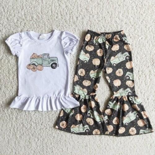 Baby Girl Pumpkin Set Car Pumpkin Pattern White Puff Sleeve Top Bell Pants Set Girl Boutique Clothing Set