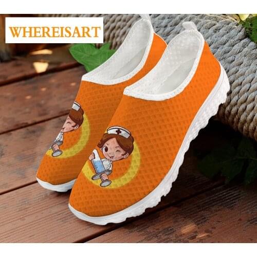 WHEREISART Cute Nursing Shoes for Women Summer Orange Black Slip On Flats Sneakers Breathable Casual Nurse Pattern Ladies Shoes