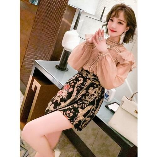 Lace Lantern Sleeve Shirt+Halter tops+Three piece jacquard half skirt 2021 Spring new High Quality Top Quality