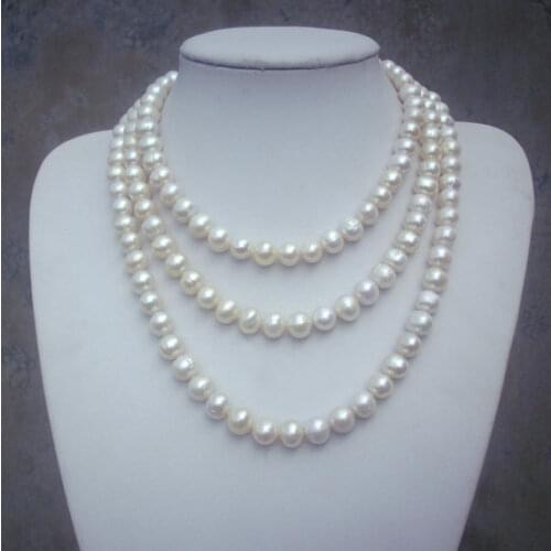Favorite Pearl Long Necklace Wedding 9-10mm White Genuine Freshwater Pearl Jewelry Charming Birthday Party Fine Lady Gift