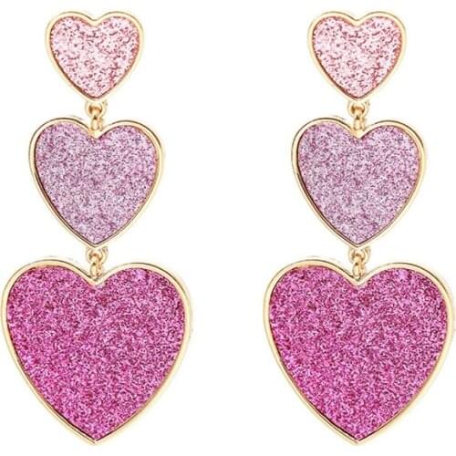 Cute Purple Pink Heart Pendant Drop Earrings For Women New Trendy Big Wedding Statement Earrings Jewelry