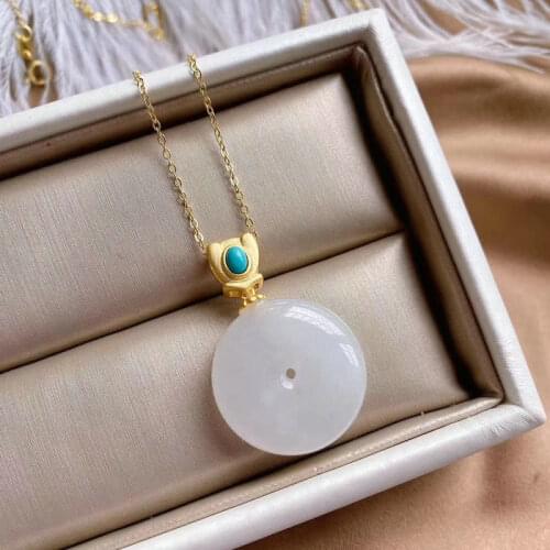 Natural Hetian white jade round brand Pendant Necklace Chinese style retro minority design womens brand jewelry