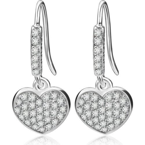 Full Shiny Crystal Cute Heart Piercing Hook Silver Plated Dangle Earrings Women Drop Earrings