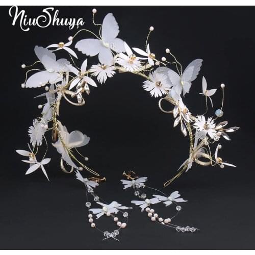 NiuShuya Korean Style Handmade White Butterfly Flower Headband Bridal Hairband Women Hairwear Wedding Hair Accessories