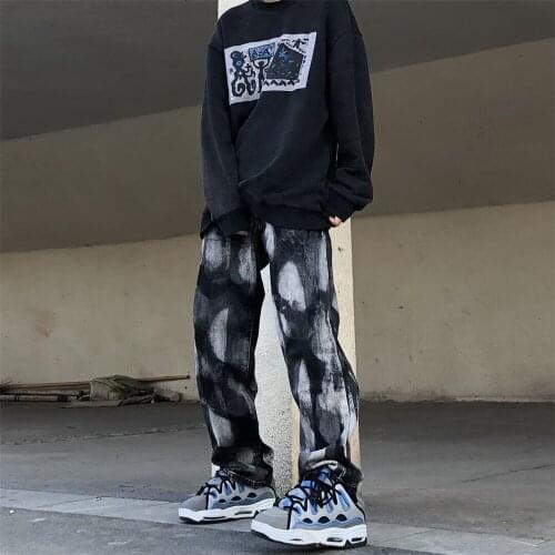 Tie Dye Straight Loose Jeans Men Retro High Street Oversize Casual Denim Trousers Harajuku Washed Hip Hop Jean Punk Pants Boys