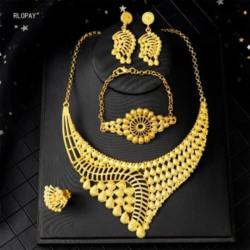 Luxury Brazilian Gold Jewelry Set for Women 4pcs Flower Shape Necklace Arabic Bridal Jewelry Geometric Wedding Sets