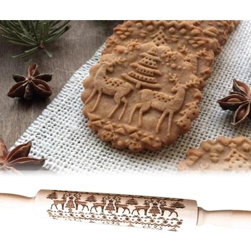 Christmas Rolling Pins Rock Snowflake Elk Wooden Rolling Embossing Baking Cookies Biscuit Fondant Cake Patterned Roller 35/45cm