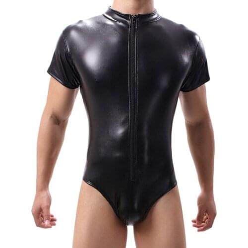 Sexy Mens Faux Leather Siamese Tight Wrestling Singlet Zipper Open PU Bodysuit Bodywear Tank Top Gay Stage Show Thong Jumpsuits