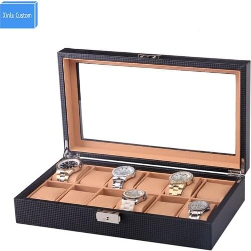 12-Watch Display Box Black Carbon Fiber Design with Glass Top Collection inner Brown PU leather Pillow Luxury Watch Case Window