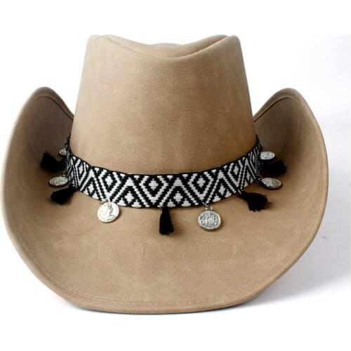 New Winter Hat Fashion Leather Hat For Men Women Leather Ribbon Large Brim Fedora Hat With Tassel