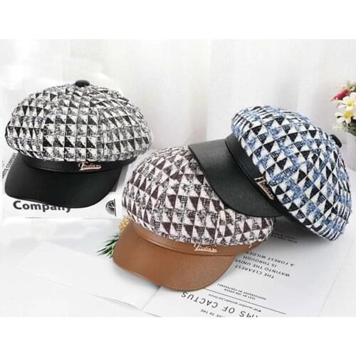 2020 Autumn And Winter Octagonal Hat Plaid Striped Leather Cotton And Linen Hat Warm Female Cap Retro British Female Navy Hat